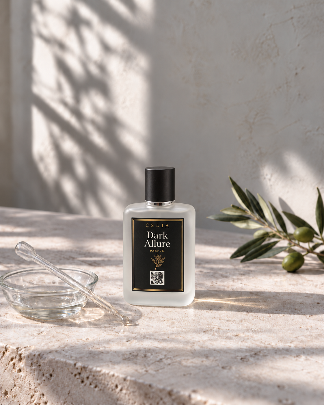 Ilustrasi botol parfum CSLIA Dark Allure berbentuk pipih persegi dari kaca buram, dengan tutup hitam serta label hitam berpola QR.